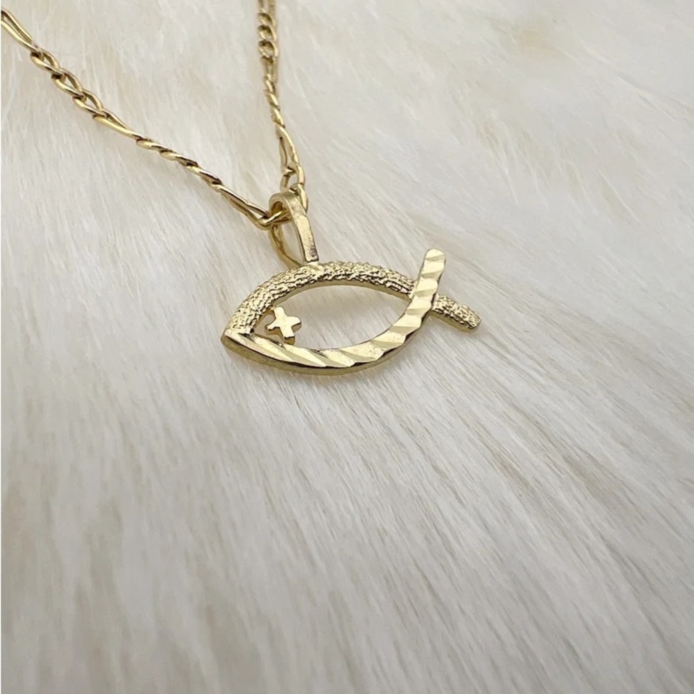 14k Solid Yellow Gold Fish Of Jesus Christian Charm Pendant